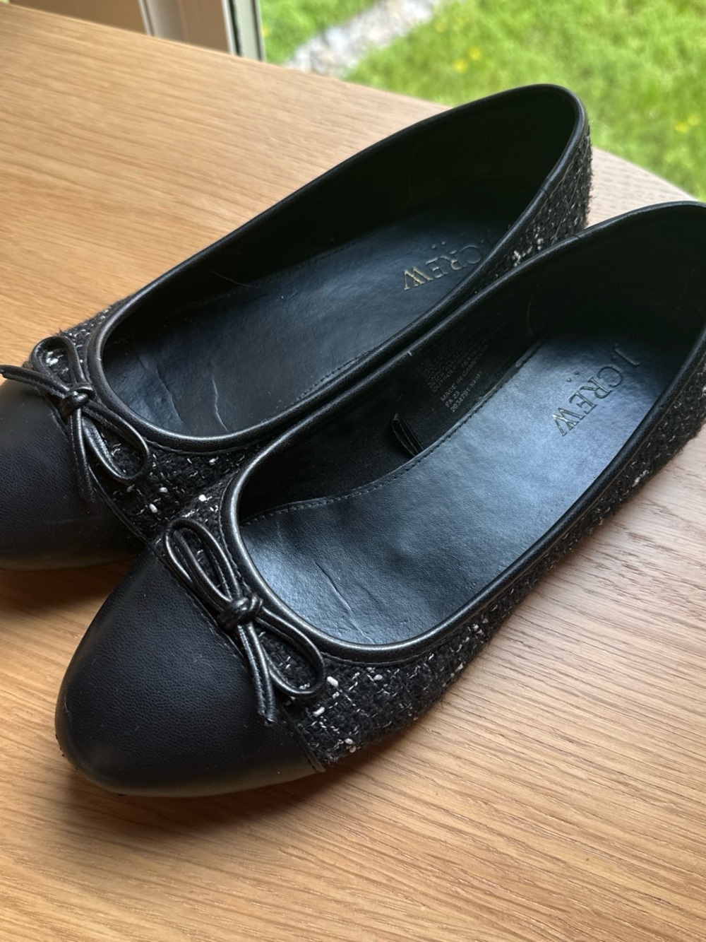 J. Crew Black Tweed Cap-Toe Ballet Flats with Bow